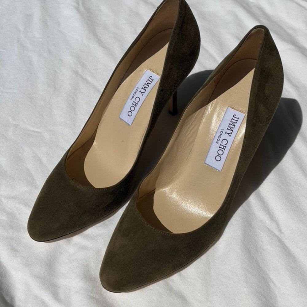 Jimmy Choo Olive Green Suede Almond-Toe Pumps | EU 39